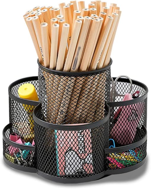 360° Rotation Multi Functional Pen Holder, Mesh Desktop Caddy, Rotating Pencil Holder, High Capacity, with Non Skid Rubber Mat, 7 Compartments, for Office Storage, Dressing Table (Black)