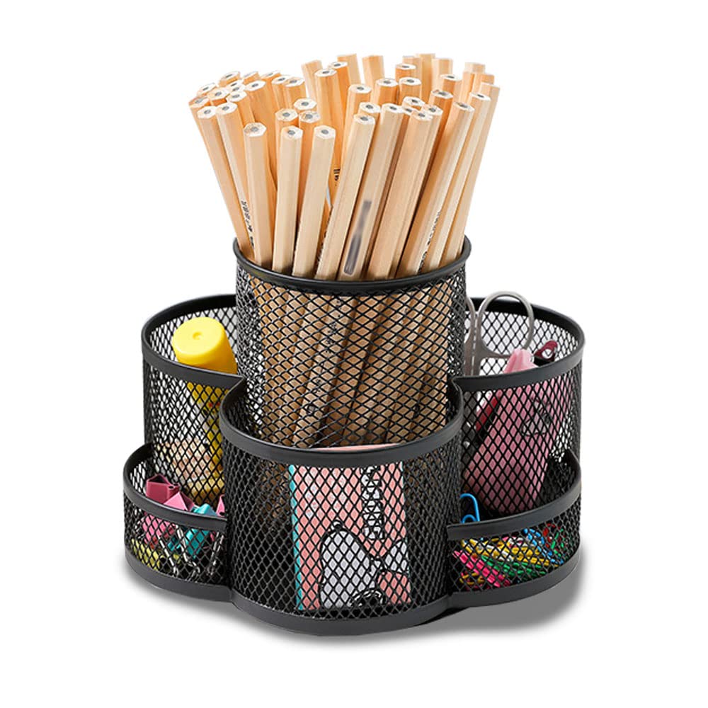 Girevole 360° Organizer Matite, Multifunzionale Portapenne, Portapenne Ufficio, Griglia Metallica, con 7 Scomparti, Tappetino Antiscivolo, per Riporre Oggetti in Ufficio, Toeletta (Nero)