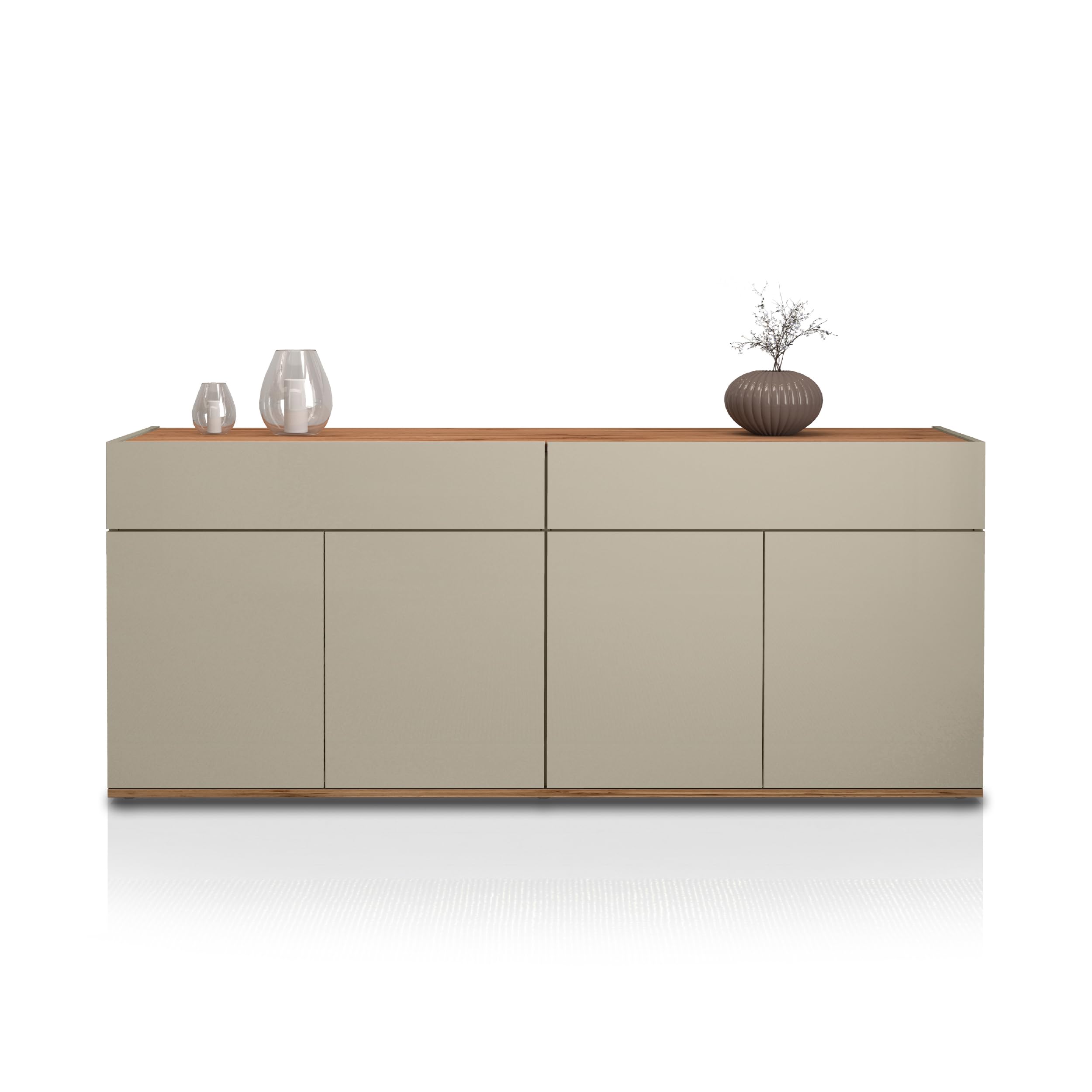 WHOUS Credenza e Buffet GARDA per Soggiorno con 2 Cassetti e 4 Ante, Madia per Salotto, Cucina e Sala da Pranzo in Legno, 160,1x35x70 cm, Tortora Opaco e Rovere