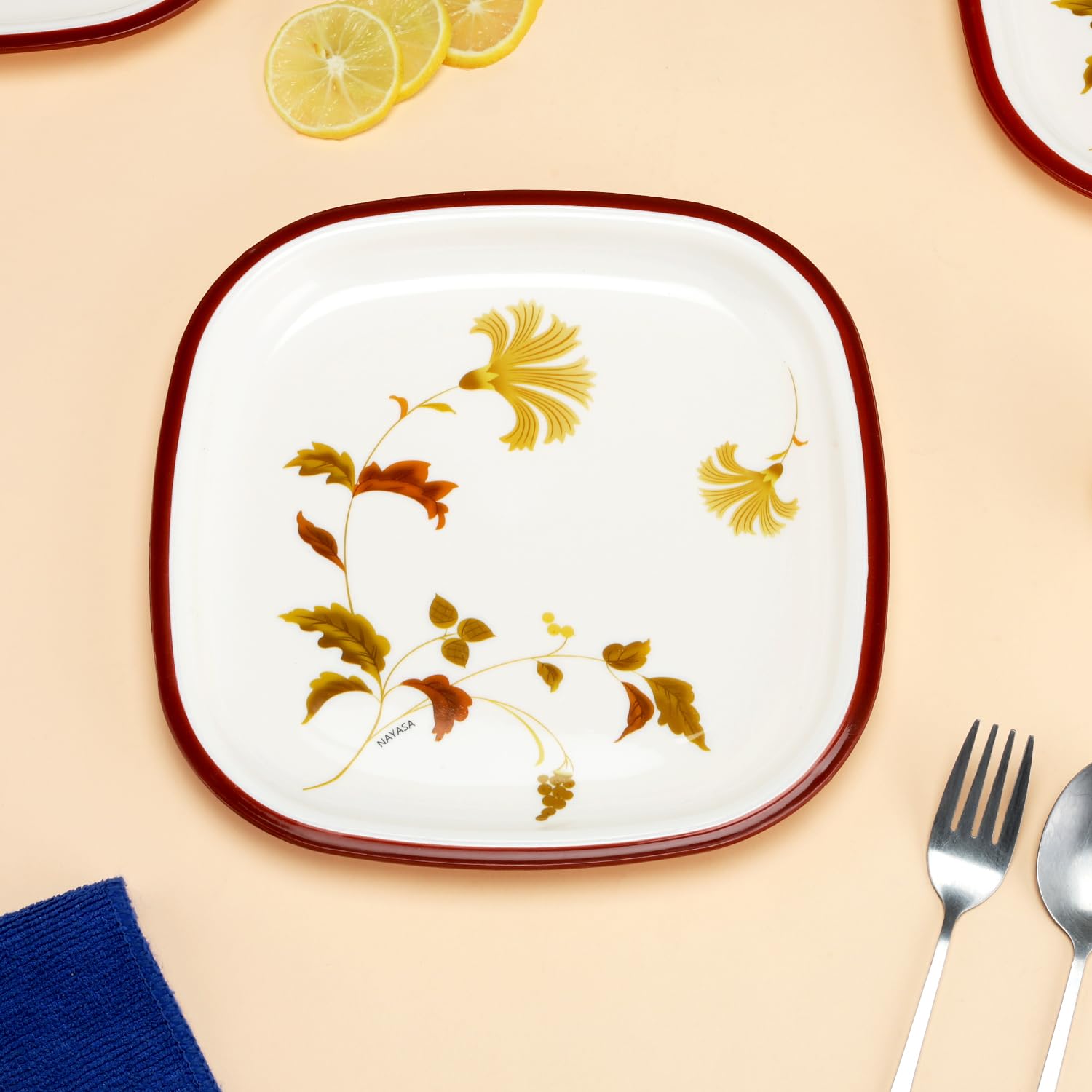 Nayasa Plato cuadrado DLX | Juego de 6 | Plato de aperitivos apto para microondas | Duradero y elegante | Perfecto para servir aperitivos, postres y comidas pequeñas | Vajilla de cocina | Granate