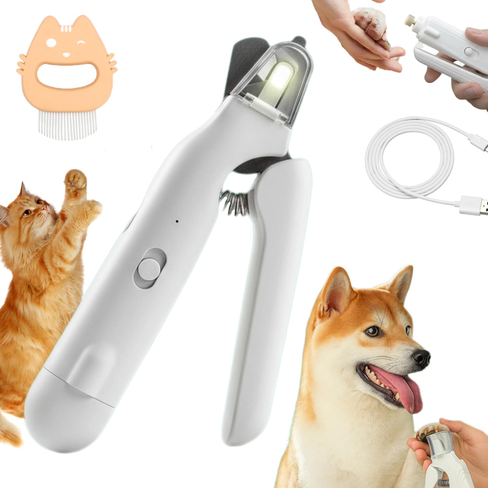 The Safetrim By Pupnourish, Safetrim Dog Nail Cutter, Dog Nails Clippers With Safety Guard, Pet Claw Clippers With Light, Injury-Free Nail Trimming, Low-Noise, Built-In Grinder (White)