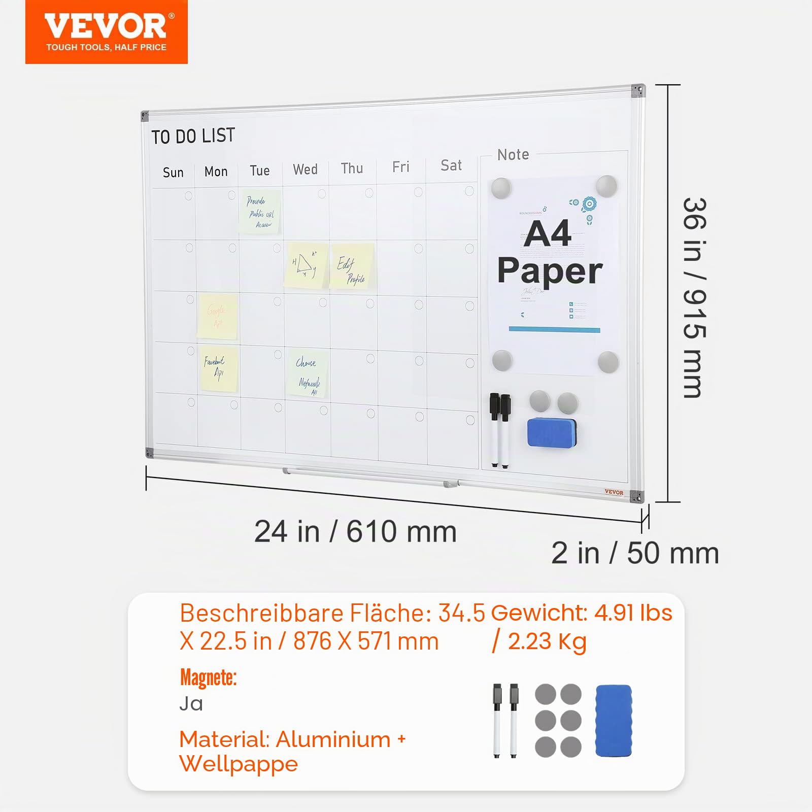 VEVOR Kalender Whiteboard Beschreibbare Magnettafel 915 x 610 mm, Memoboard inkl. 2 Stifte +6 Magnete + 1 Löscher