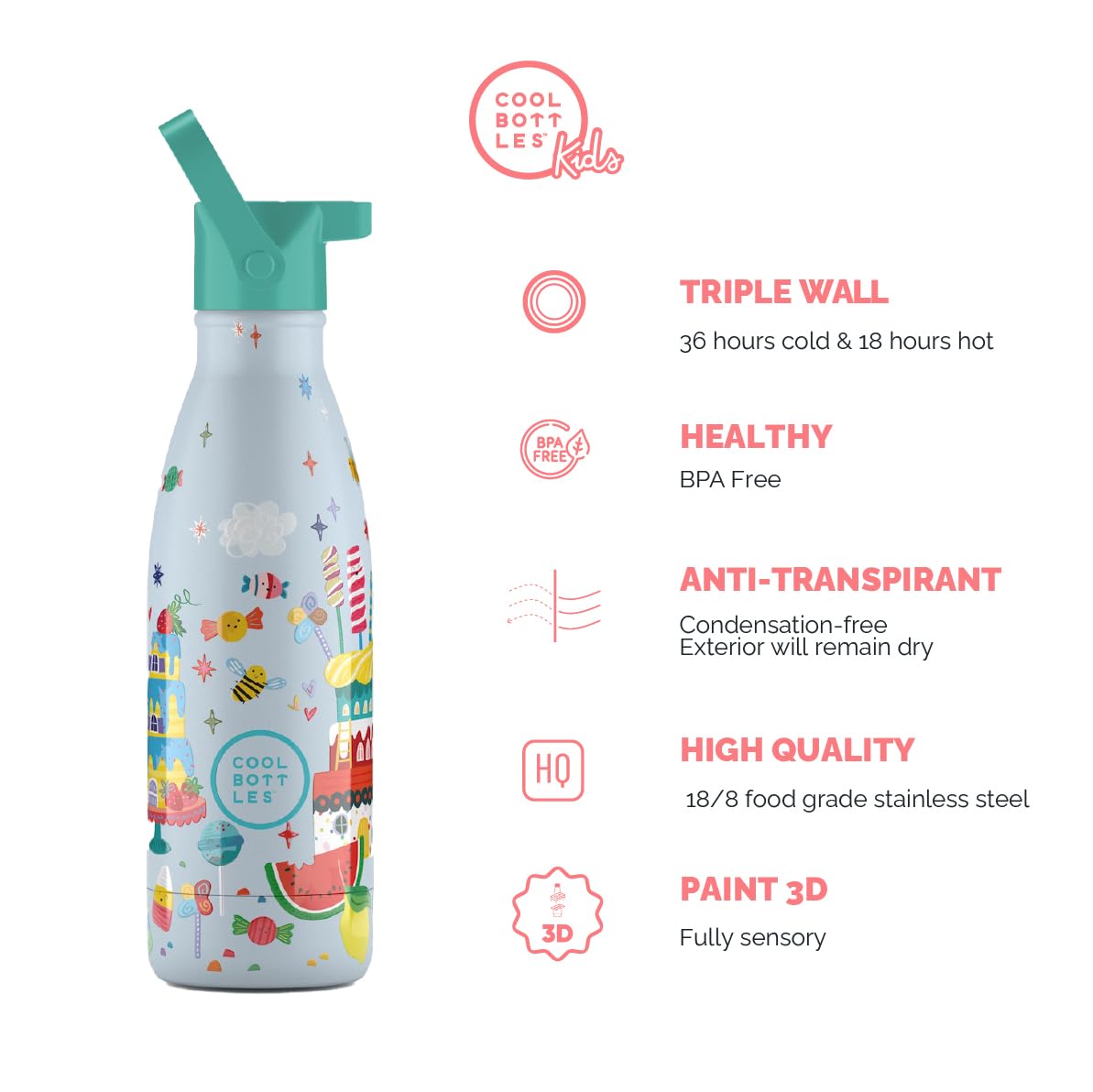 Cool Bottles - Butelka termiczna dla dzieci - Butelka na wodę ze stali nierdzewnej - 350 ml - Candy Land- Zimne napoje 36 godzin i gorące 18 godzin - Wykończenie farbą wytłaczaną - Nie zawiera BPA