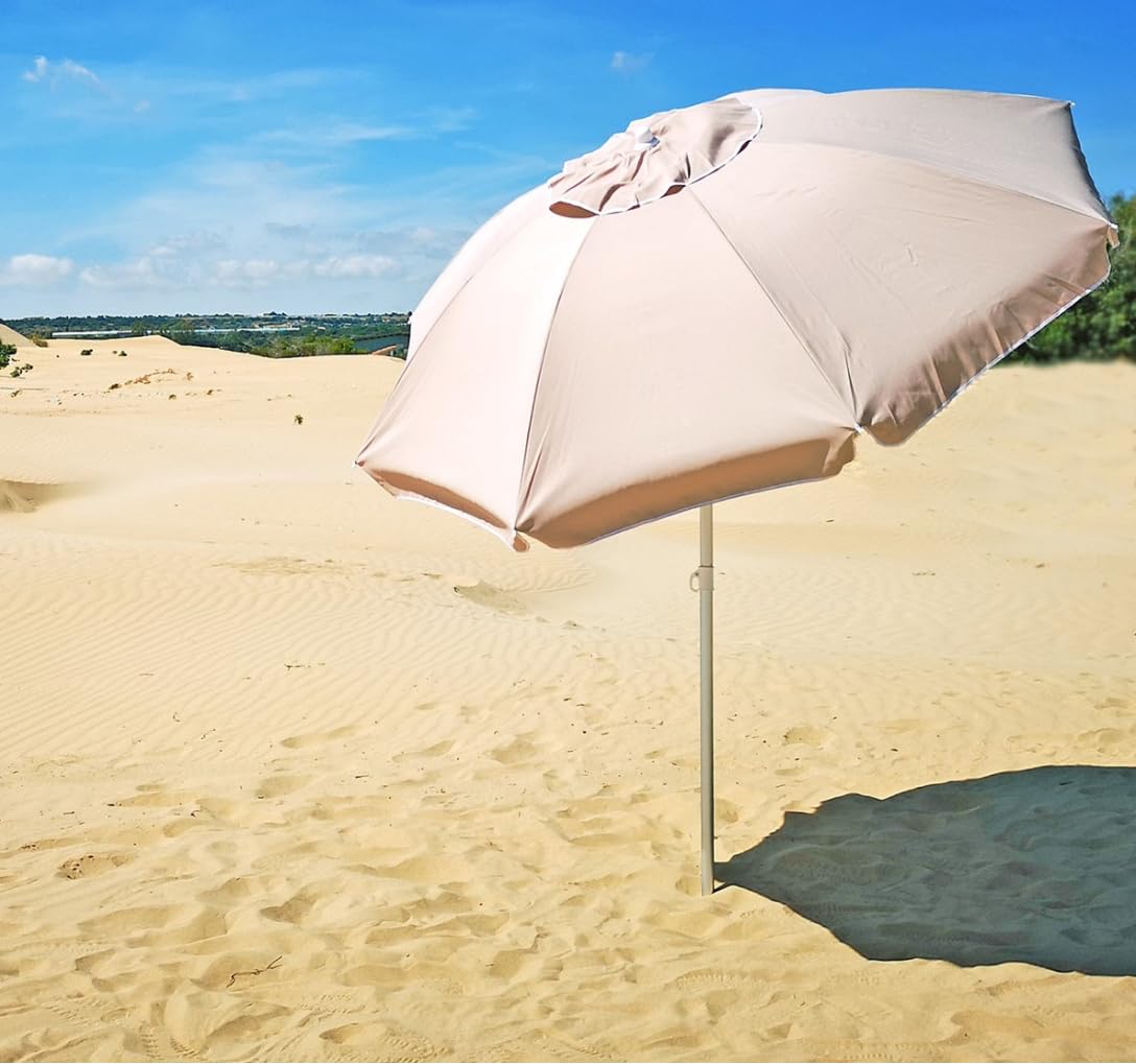 Ombrellone da Mare Spiaggia Giardino Diametro 200 con Palo 32mm Fibra di Vetro Poliestere Anti UV Reflex Ecru