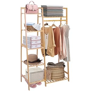 Ufine Bamboo Garment Rack 7-Tier Storage Shelves Clothes Hanging Rack Heavy Duty Clothing Rack Minimalism Wardrobe Closet Organizer