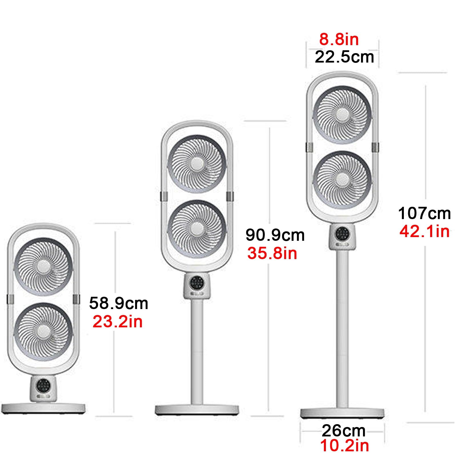 Ventilatore a Piantana con Telecomando Silenzioso 36 DB Oscillazione 360 Gradi, Doppia Testa 4 Velocità Regolabili Altezza Regolabile Bianco(Plug-in)
