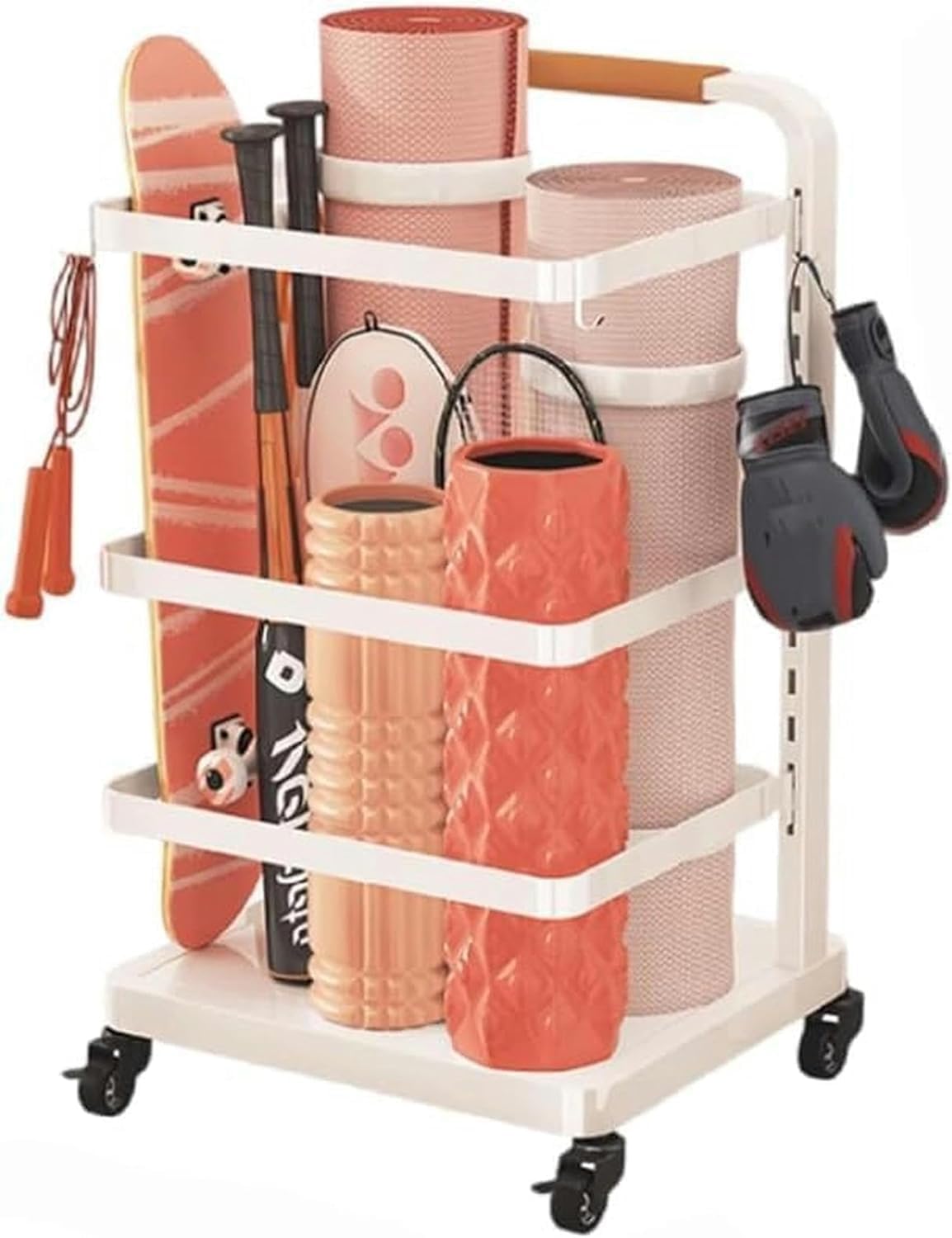 Organisateur d'équipement de fitness Bianco compact avec panier de rangement