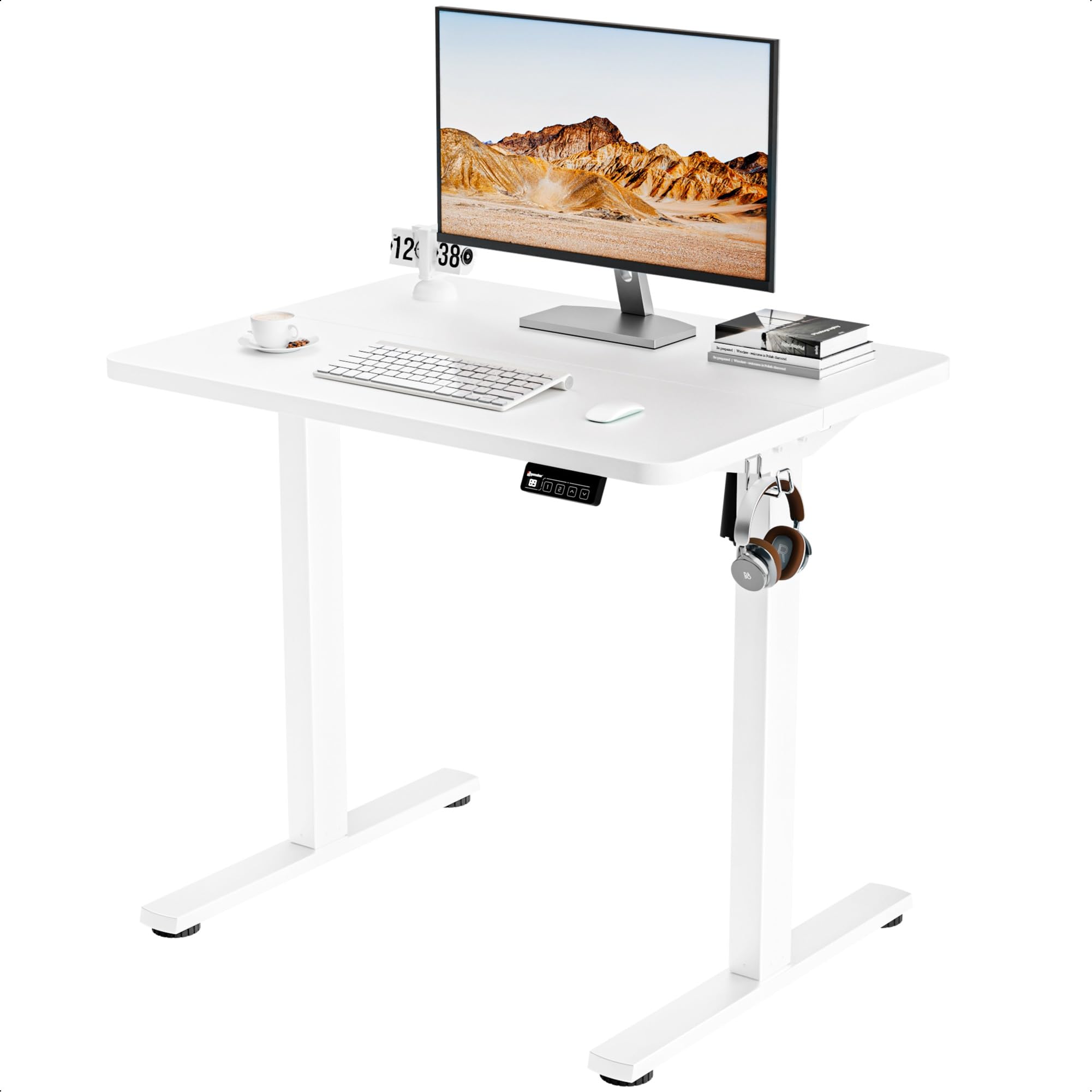ERGOMAKER Electric Height Adjustable Standing Desk 80x60cm, Sit Stand Desk with Splicing Top for Home Office (White Frame + White Desktop)