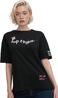 تيشرت عصري سهل الارتداء مطبوع بقصة عادية للنساء من ريفين بلون أسود