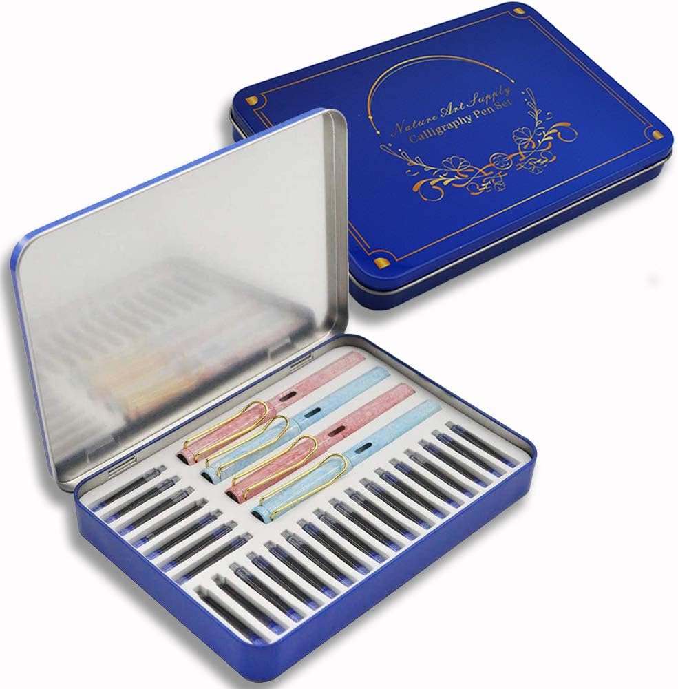 Nature Art Calligraphy Pen Set, 28 Pieces Including Calligraphy Pens and Blue Ink Cartridges, Best Gift for Child