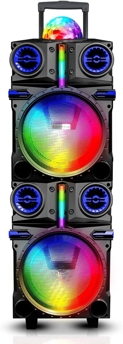 Top Tech Spark-208 5000W Bluetooth Speaker | Dual 8" LED Wireless Sound System w/Disco Ball, Mic, Rechargeable Battery, Handle & Wheels | Portable Party Speaker for Events (Grey)