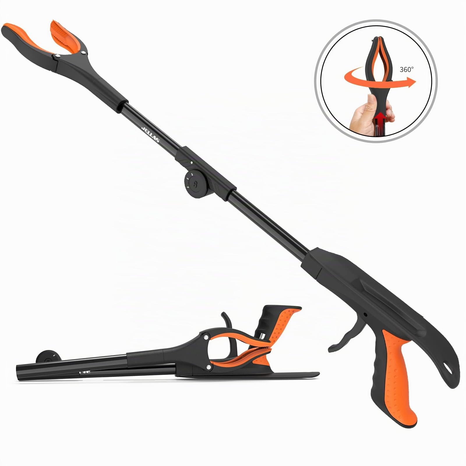 Jellas Pinza Plegable, Brazo en ángulo de 0° - 180°, Cabezal Giratorio de 360°, Herramienta de Agarre de 80 cm de Largo con Puntas magnéticas para recolección de Basura, extensión de Brazo (Naranja)
