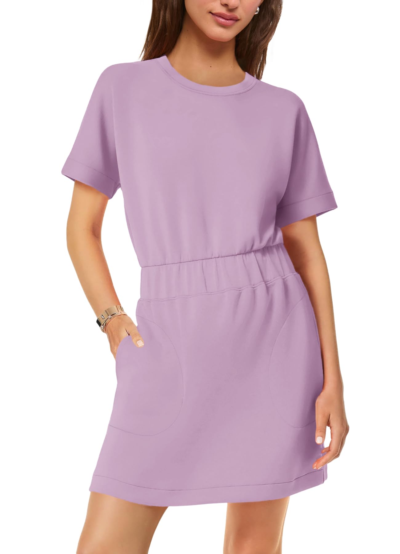 SENSERISE Womens Short Sleeve T Shirt Dresses Crew Neck Solid Color Basic Smocked Waist Dress with Pockets