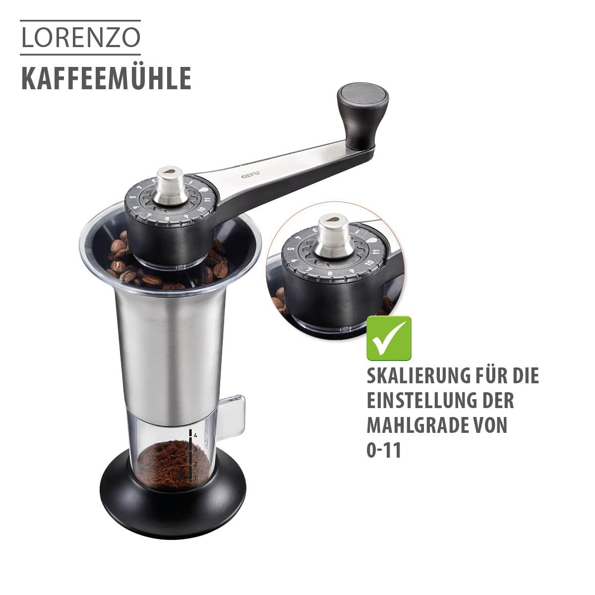 GEFU Kaffeemühle LORENZO | Manuelle Kaffeemühle mit Keramikmahlwerk, 11 Mahlstufen & Aromadeckel | Für Espresso, Filterkaffee & French Press | Edelstahl