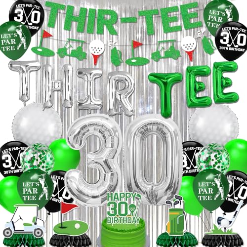 Image of 30th Birthday Decorations for Him, Golf 30th Birthday Decorations for Men Including THIR-TEE Banner Silver Fringe Curtain Golf Themed Honeycomb Centerpieces 30 Foil Balloons