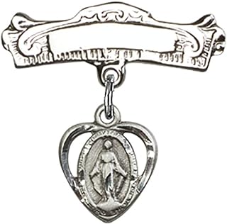 Sterling Silver Baby Badge with Miraculous Charm and Arched Polished Badge Pin 3/4 X 7/8 inches