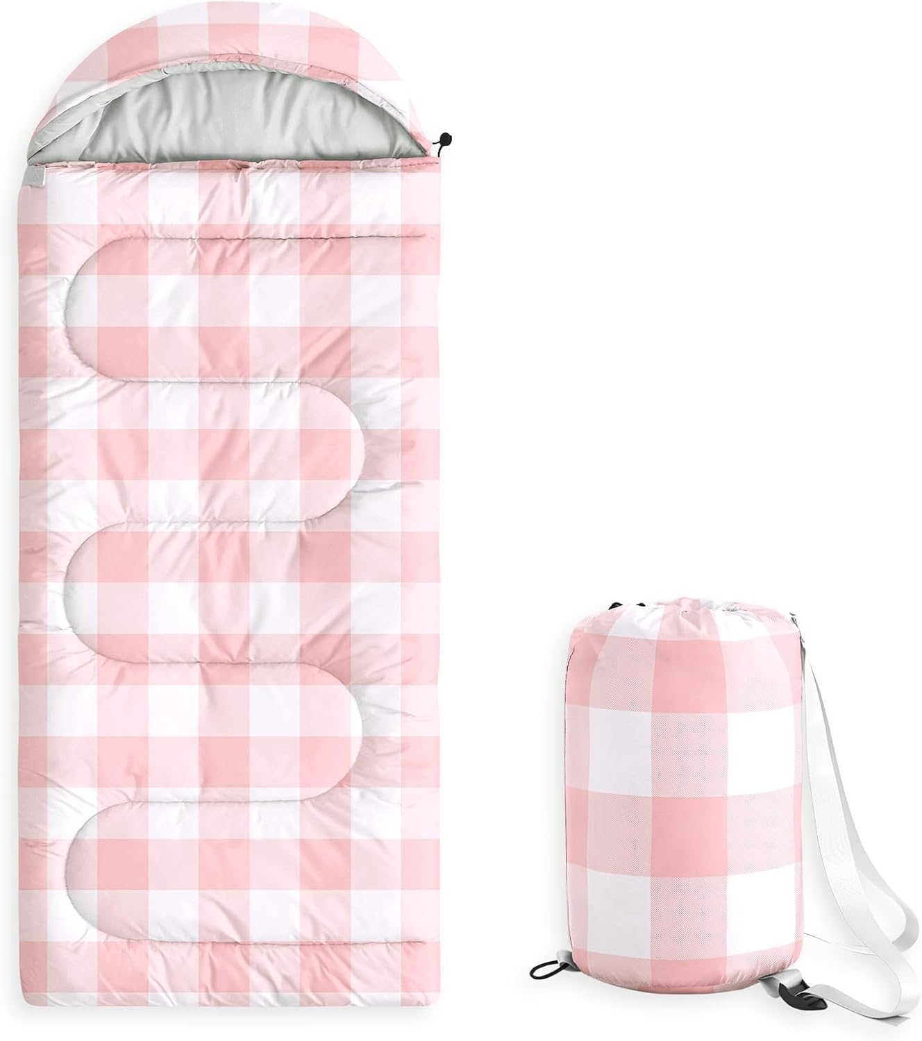 Wake In Cloud - Kids Sleeping Bag for Boys Girls Toddlers, Camping in Warm Cold Weather, Backpacking Lightweight Compact Outdoor Liner for 3 Seasons, Gingham Plaid