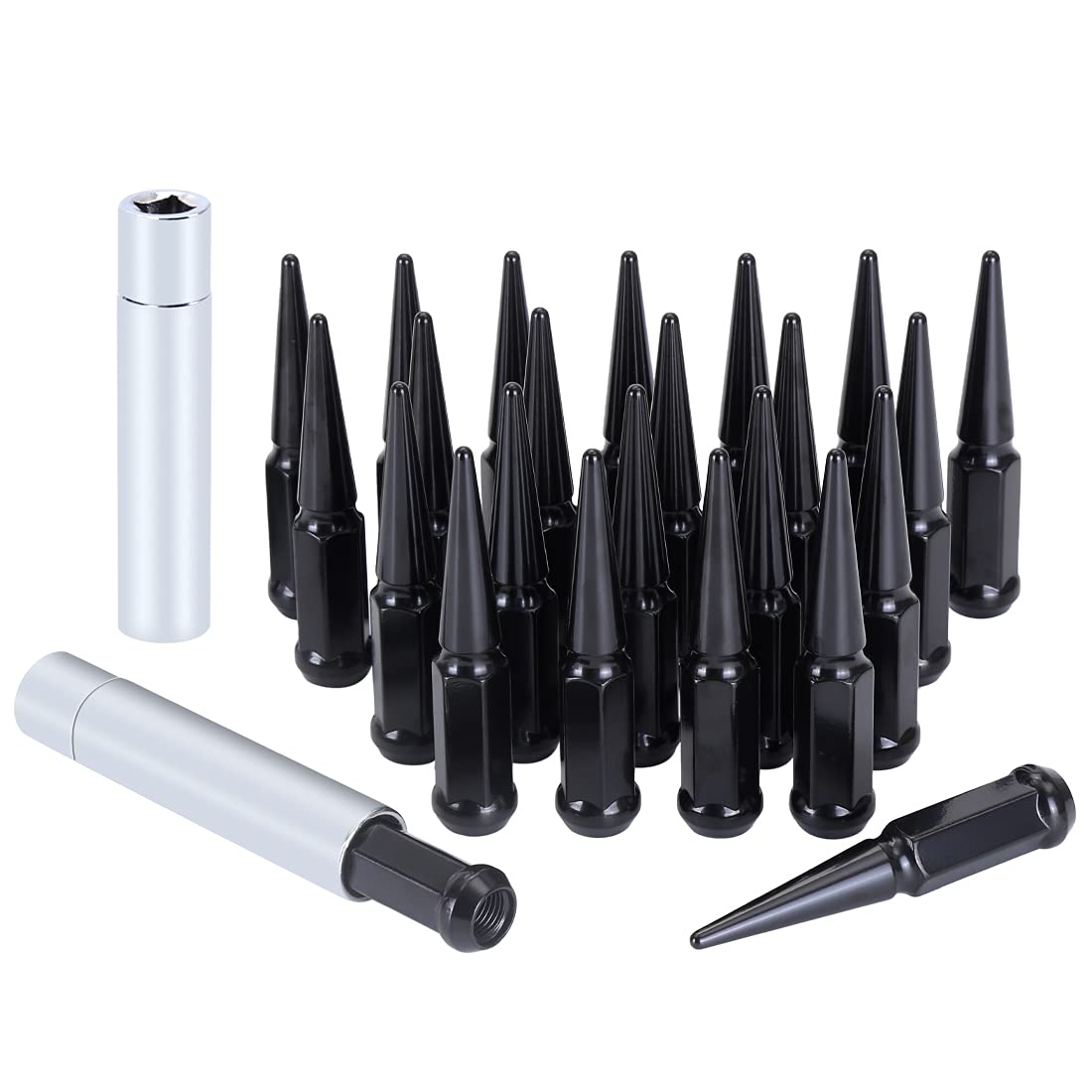 M14x1.5 Spike Lug Nuts - Black Set of 24 with 2 Socket Keys (19mm Hex, 4.4" Tall)