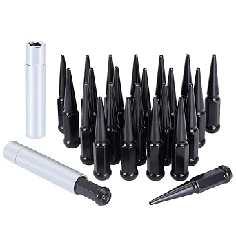 M14x1.5 Spike Lug Nuts - Black Set of 24 with 2 Socket Keys 19mm Hex, 4.4" Tall