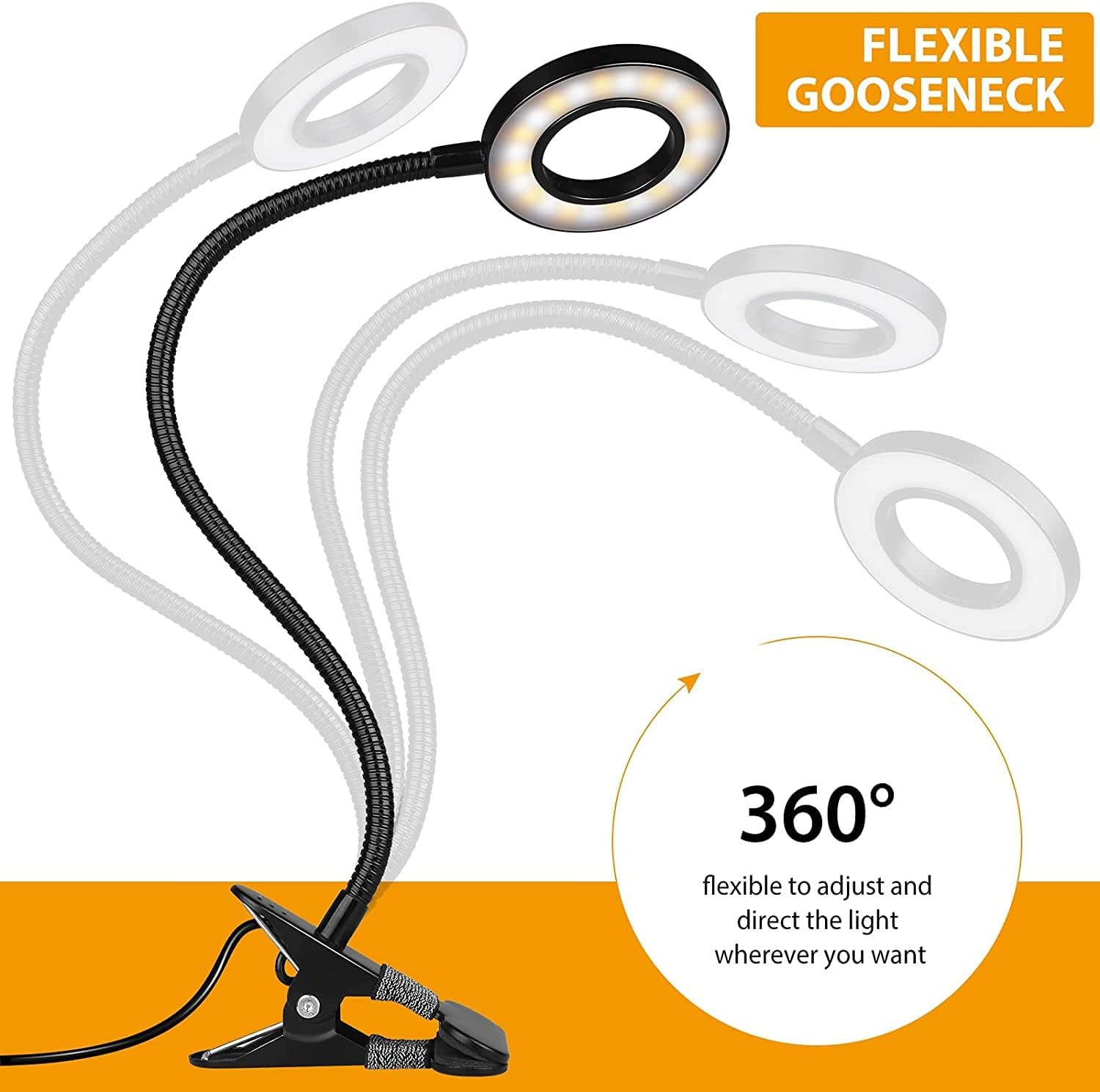 TBTeek LED Klemmleuchten, 48 LED Leselampe Bett Klemmbar, Augenpflege Schreibtischlampe, 3 Modi & 10 Dimmstufen, Klemmleuchte für Büro Heimgebrauch, CE Adapter Enthalten, Schwarz(2 Pack)