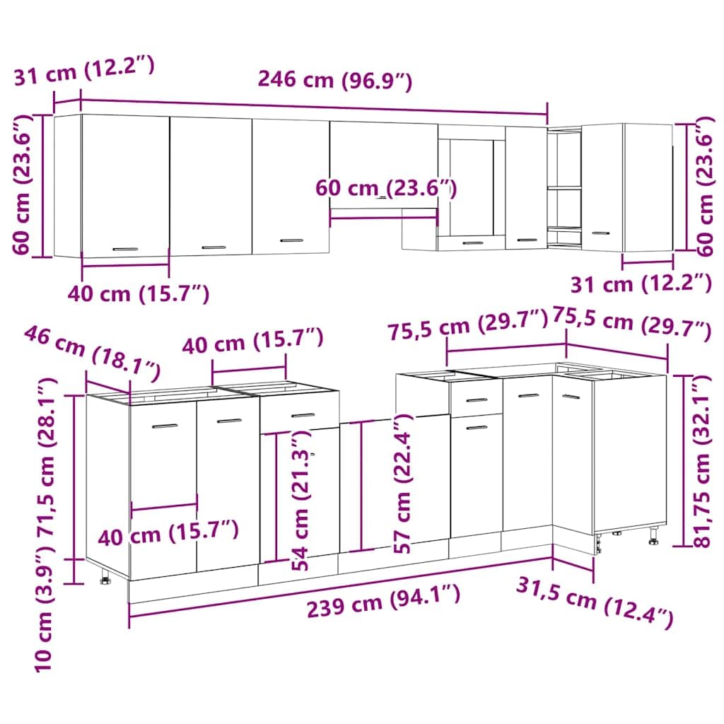 Set di 11 mobili da cucina Lyon Artisan in legno di rovere con molto spazio per cucina, pensili, dispense, credenza, cassettiera, ripiano, piano di lavoro