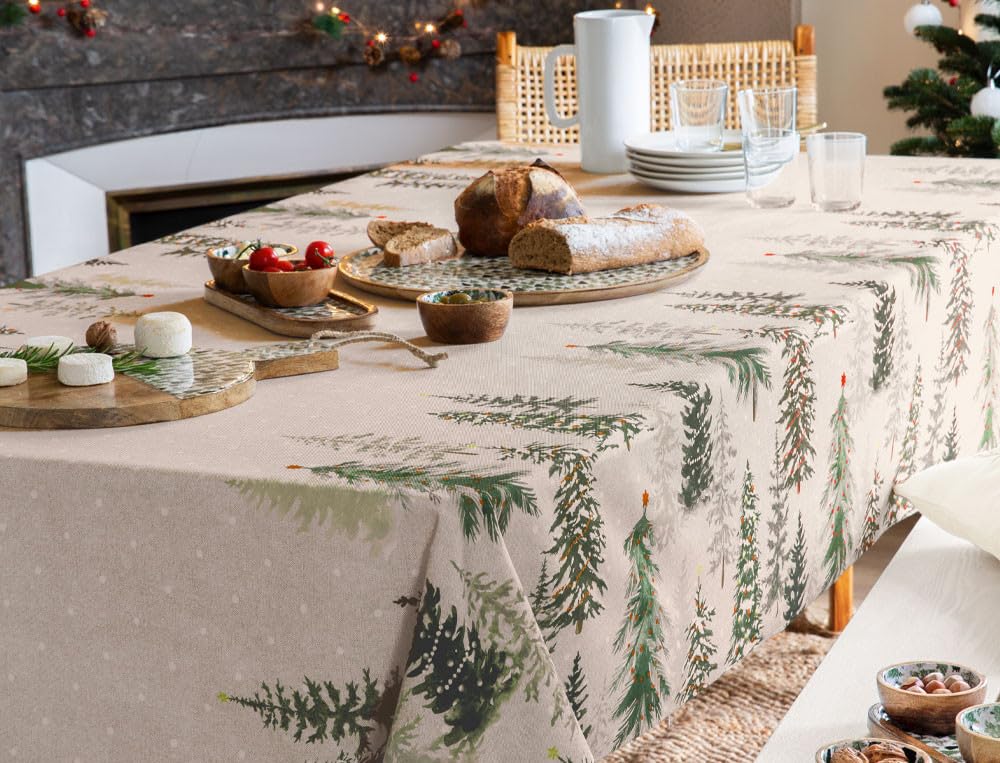 Mantel navideño redondo lavable con ramas de abeto, copos de nieve, árboles y estampado navideño (150 x 300 cm)