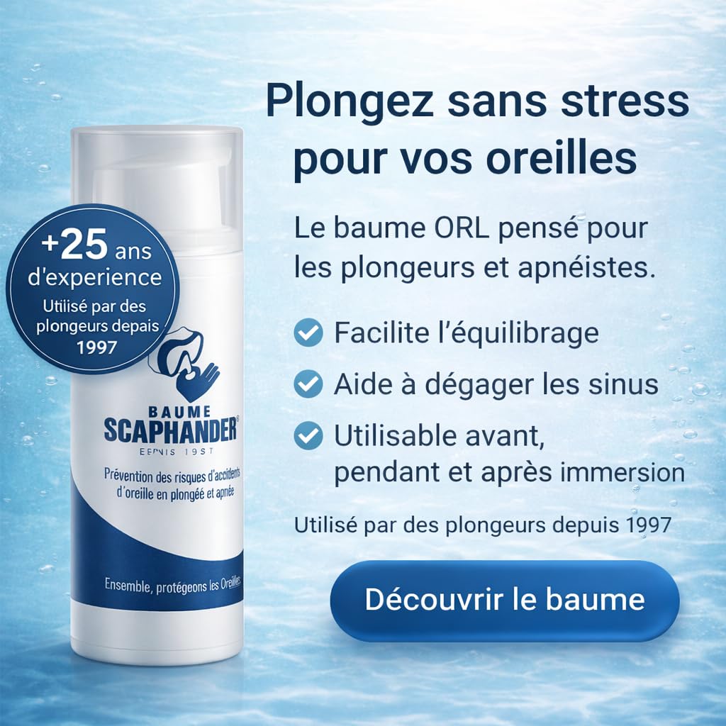 Baume Scaphander® 100mL Scaphandrier | Huiles essentielles | Pour plongeurs et apnéistes | Facilite les manœuvres d’équilibrage et prévient les risques d'accidents d'oreilles | 36 mois de conservation