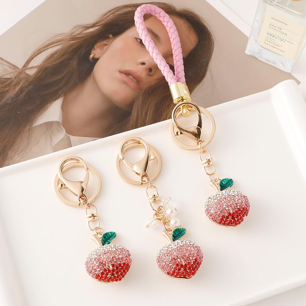 Cute Peach Keychain Purse Charms for Women Girls, Sweet Rhinestone Peach Bag Charms Keychain Wallet Purse Pendant - Image 3