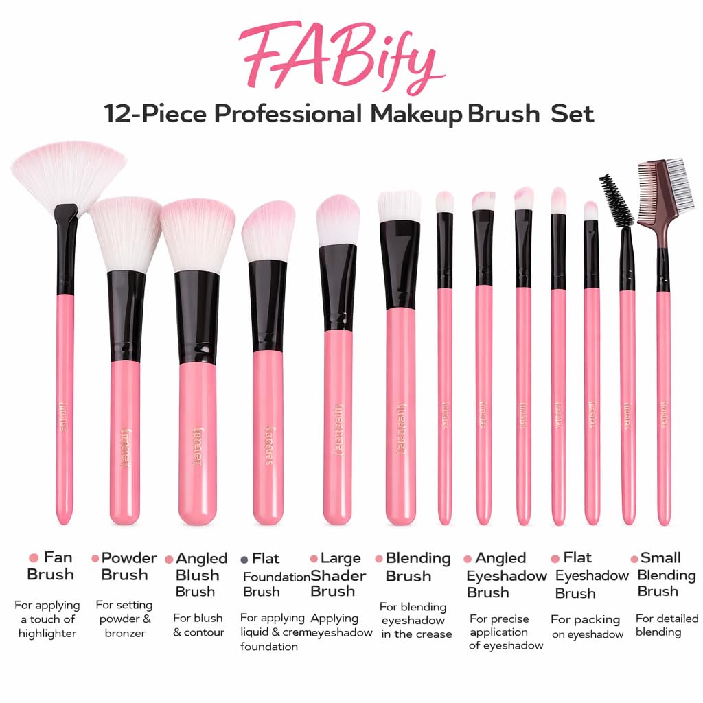 FABify 12-Piece Professional Makeup Brush Set with Storage Barrel (Pink) | Soft Synthetic Brushes for Face & Eyes | Cosmetic Tools for Blending, Contouring, Foundation & Eye Makeup 1