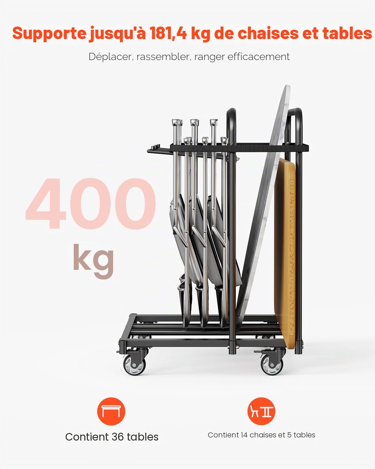 VEVOR Chariot de Rangement de Chaise Pliable 180 kg pour 5 Tables + 14 chaises avec Support de Chaise avec roulettes pivotantes et Roues de Blocage, pour fêtes, hôtels, Noir Mat