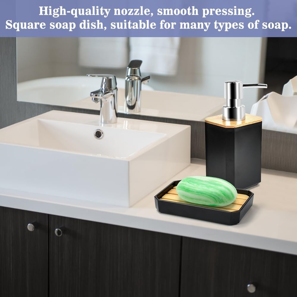Bathroom Accessory Set, 5 PCS Modern Black (Plastic and Bamboo) - Soap Dispenser, Toothbrush Holder, Cup, Dish, Tray - Classic Style Bath Decor