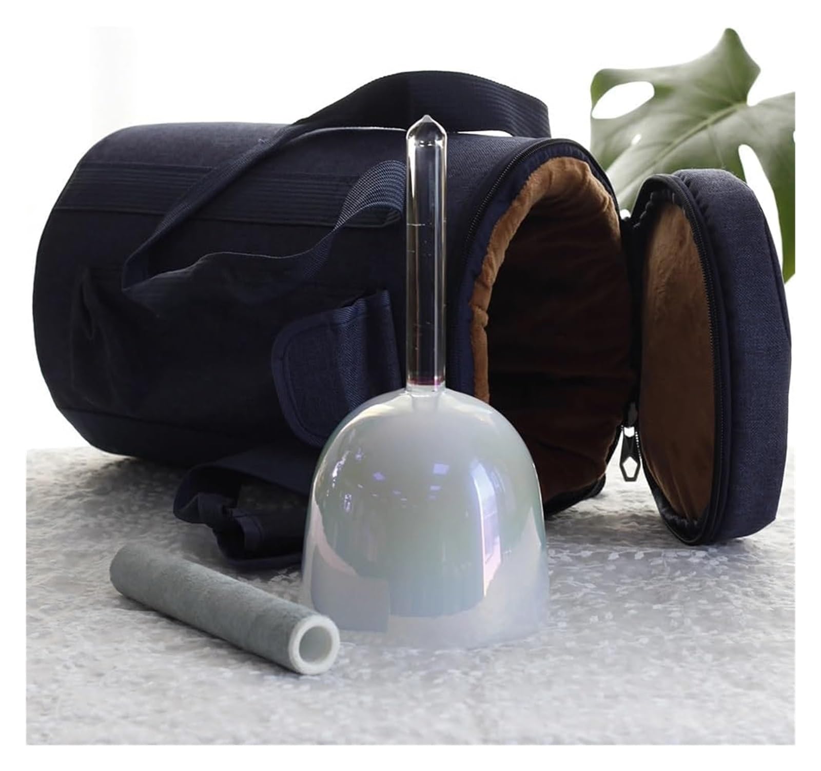 Kristall-Klangschalen-Set, 432 Hz perlweißer Griff for Yoga-Meditation, Klangheilung, Klangschale in Quarzchakra-Farbe mit Schlägel(6 inch E4 note)