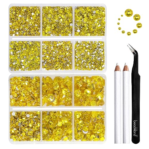 Image of Beadsland 8300PCS Flatback Rhinestones, Yellow Rhinestone Nail Gems Round Crystal Rhinestones for Crafts, Mixed 10 Sizes with Wax Pencil and Tweezer Kit, SS3-SS30, Citrine /Lemon Yellow