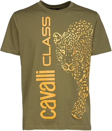 Cavalli Class Brilliant Green Signature Leopard Print Fashion T-Shirt-M for Mens, Medium