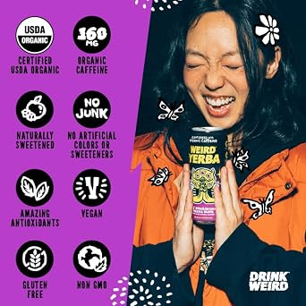 Drink Weird Organic Acai Pomegranate Yerba Mate 16oz Cans, 160mg Organic Caffeine, Pack of 12 Organic Energy Drink Alternative