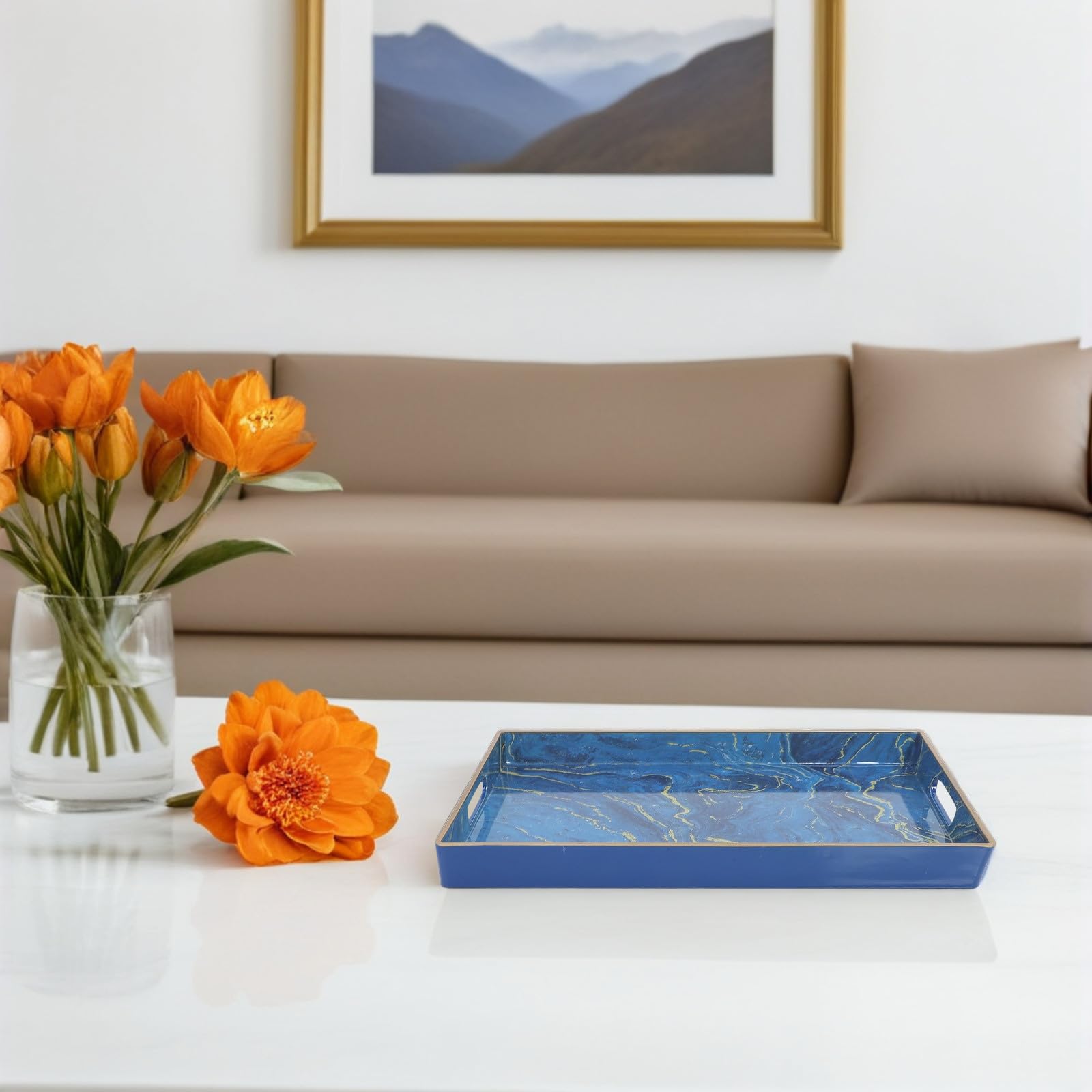 TOPBATHY Plateau Décoratif Rectangulaire Support Stable et Rangement Polyvalent en Plastique Effet Marbre Bleu pour Table Basse Salon ou Centre de Table