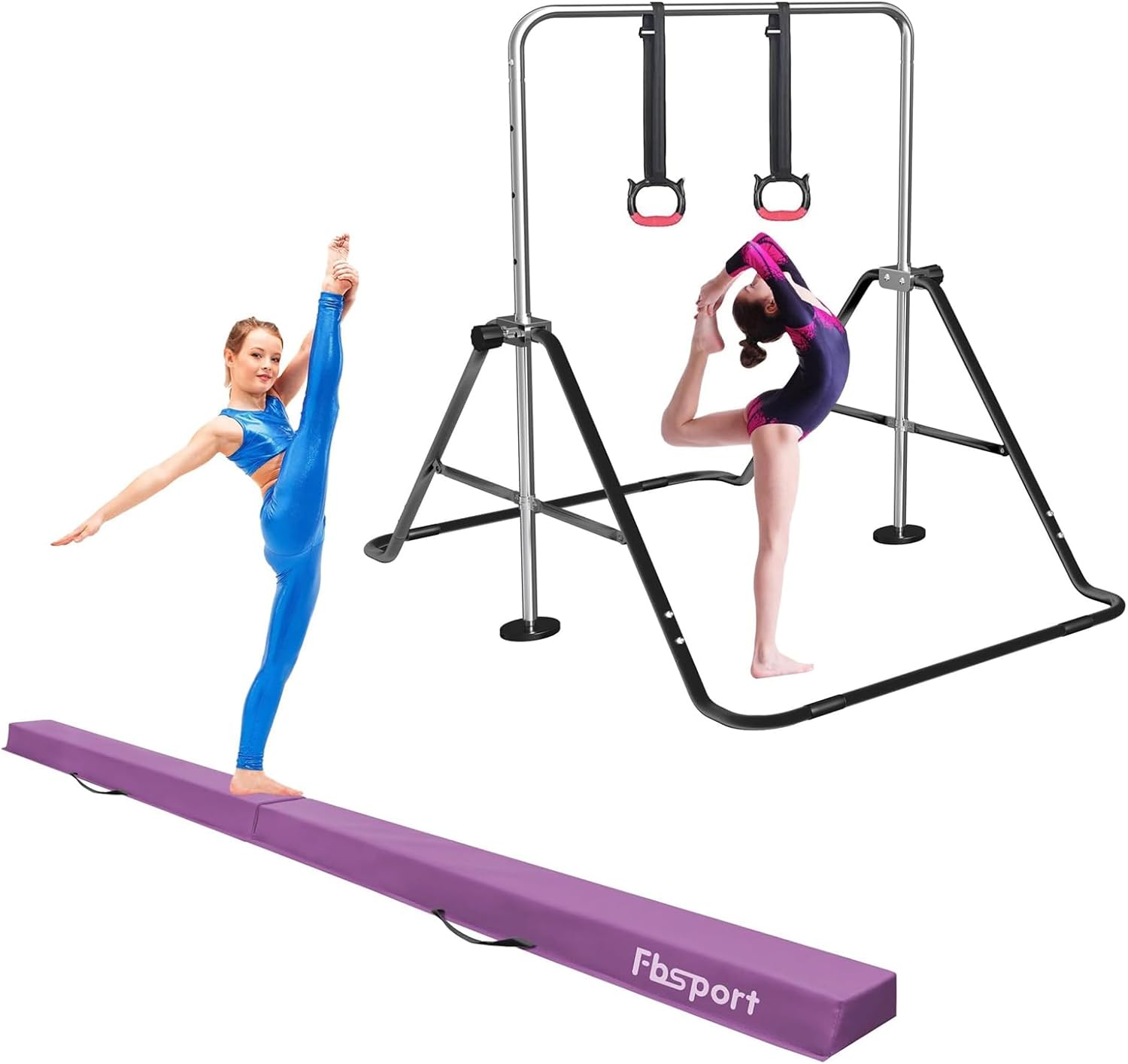 FBSPORT 8FT Folding Floor Beam, Ideal for Home Training and Professional Practice and Gymnastics Bar & Balance Beam Set for Kids, Adjustable Height Horizontal Bar with Rings
