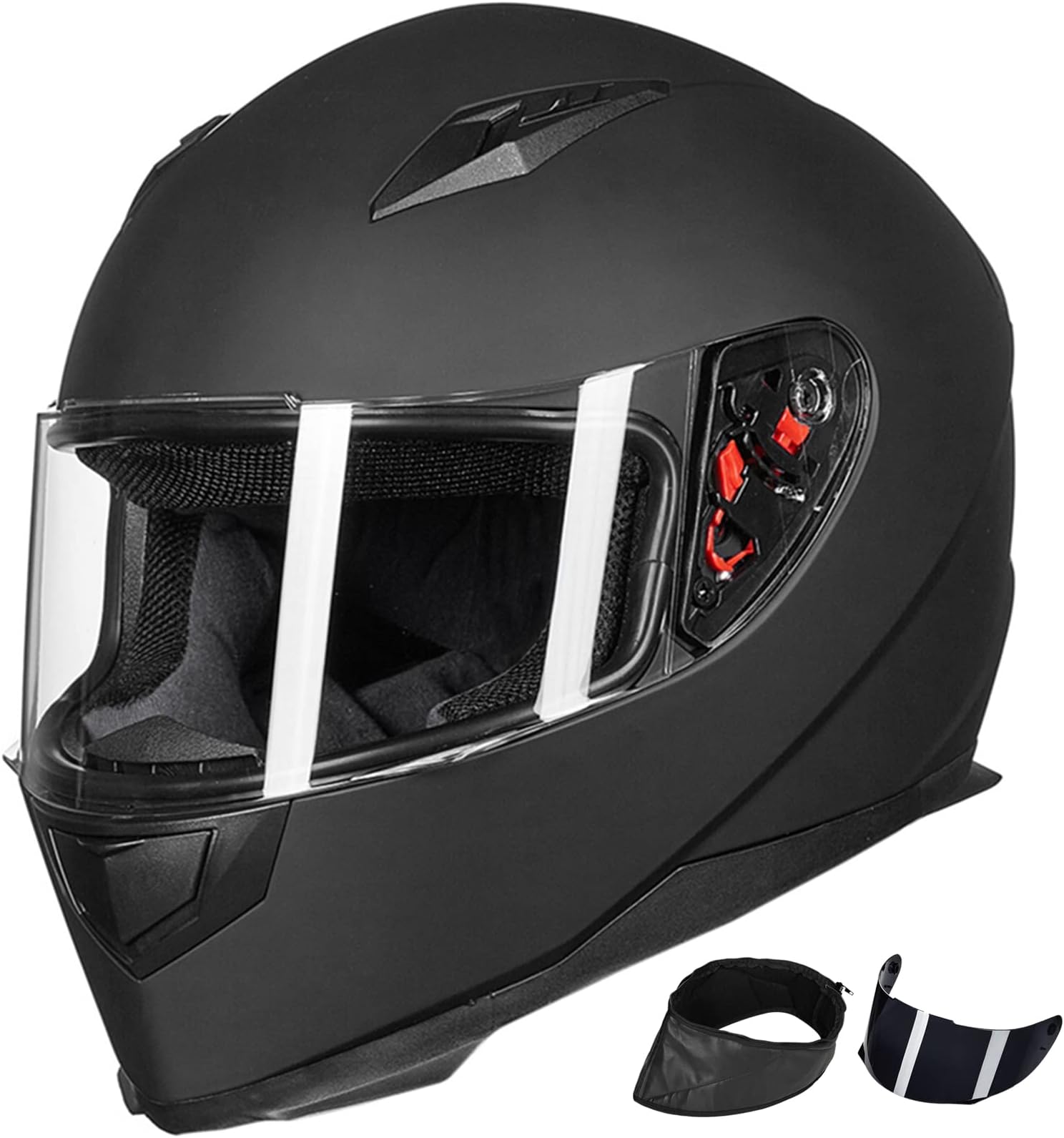 Full Face Motorcycle Street Bike Helmet with Removable Winter Neck Scarf + 2 Visors DOT Model ILM-313 (M, Matte Black)
