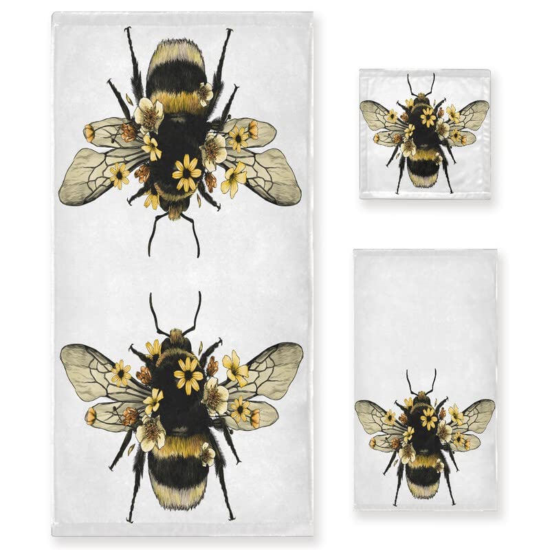 Fluffy Bee Towels Set of 3 Flowers Spring Super Soft Luxury Bath Towel Decorative Hand Towels Cotton Washcloths for Bathroom Kitchen Hotel Beach Gym Spa