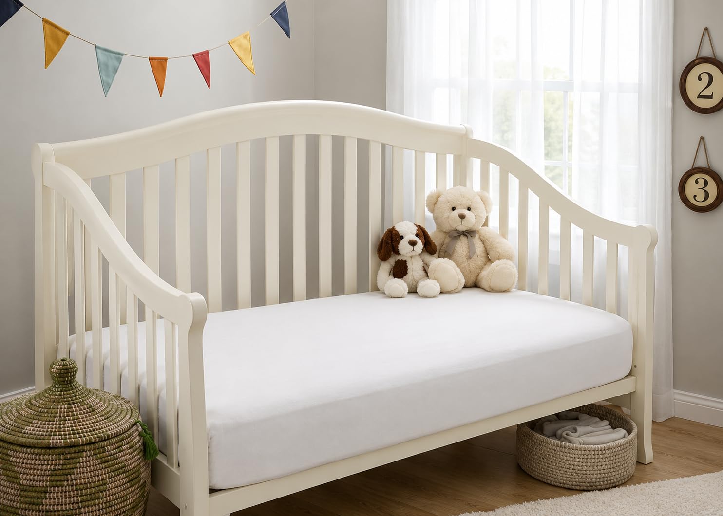 American Baby Company Paquete de 2 sábanas bajeras para Cuna, 71 x 132 cm, Suaves, Transpirables, neutrales, 100% algodón, Color Blanco, para niños y niñas, se Adapta a colchones de Cuna y Cama