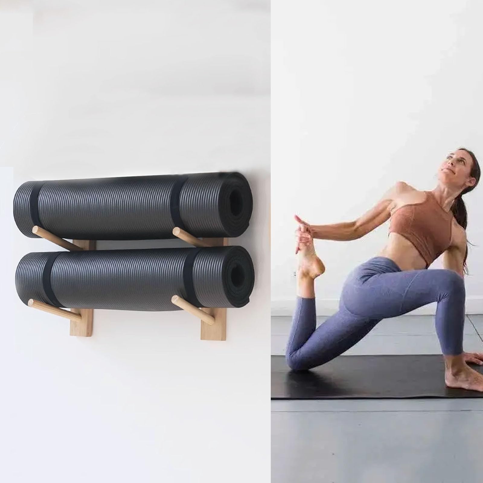 Soporte de pared para esterillas de yoga en madera, organiza tu gimnasio en casa