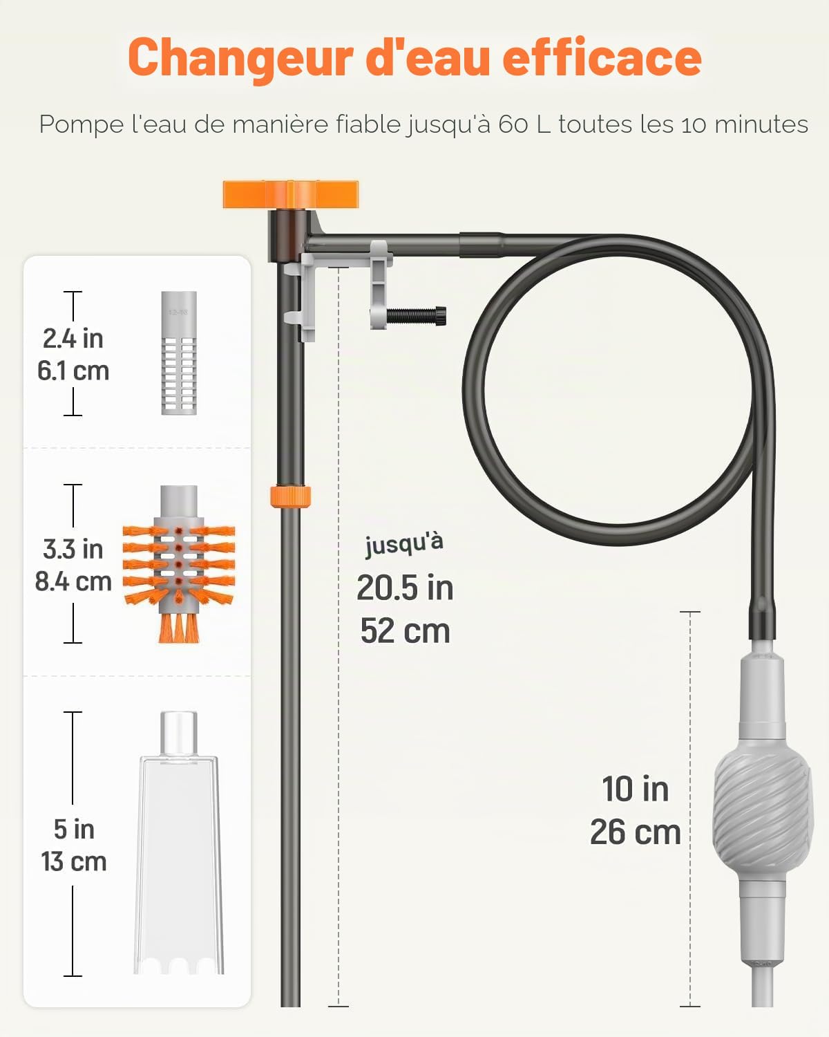 Pawfly Kit de changement d'eau d'aquarium 3 en 1 avec tuyau de 2 m de long et tube extensible - Outil de nettoyage manuel pour changement d'eau, lavage et entretien du sable