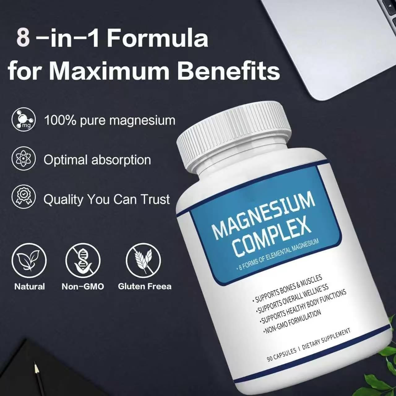 Lumine Organics Magnesium Complex Supplement 1000mg - Advanced 8-in-1 Magnesium Blend Vegan Non -GMO - Glycinate, Citrate, Malate, Taurate etc. Absorption for Bones, Muscle, Recovery, 90 Capsules 1Pcs