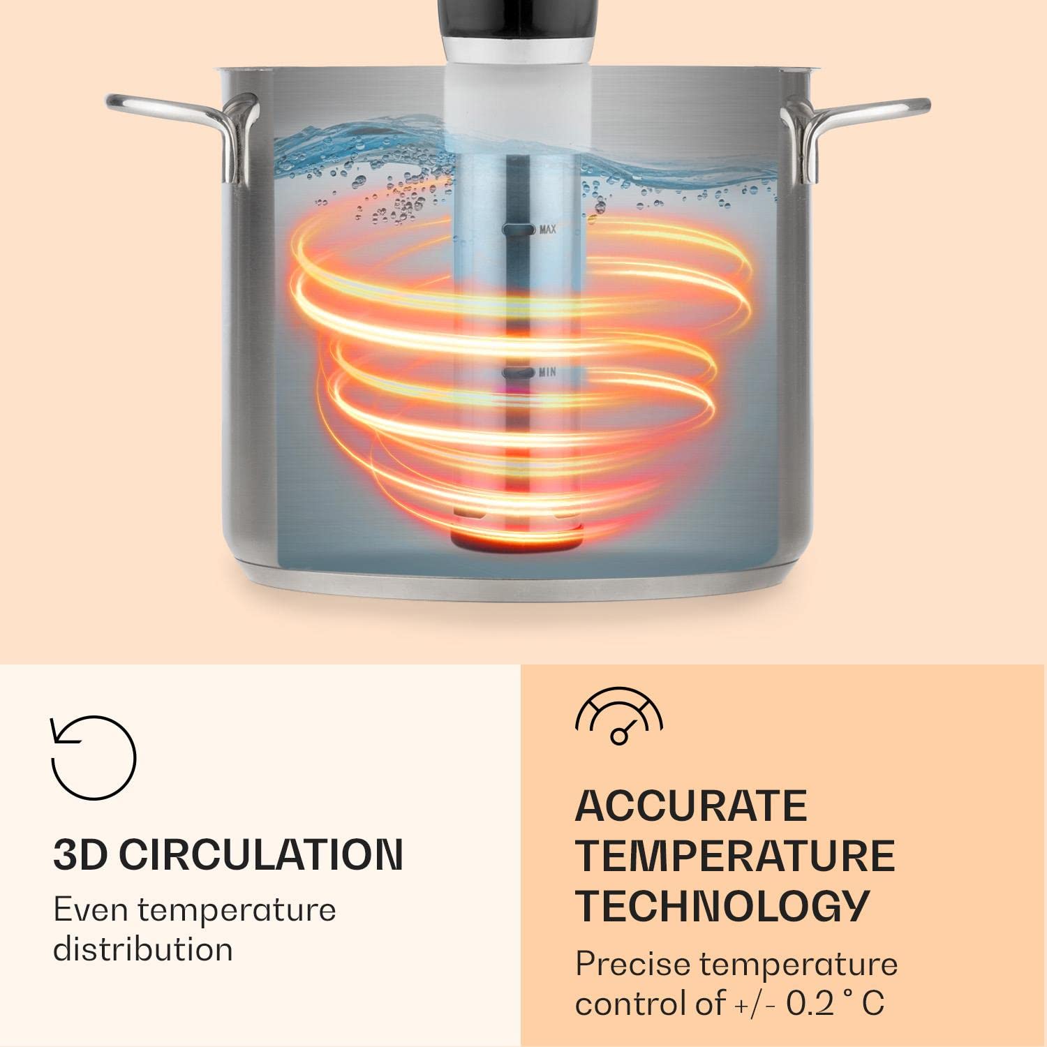 Klarstein Quickstick- Sous-Vide Garer, Präzisionskochtopf, Schongarer, 1300 Watt, Timerfunktion, 3D Circulating, 0-95 °C, LCD Touch-Display, wasserdicht, bis 20 Liter, flex schwarz