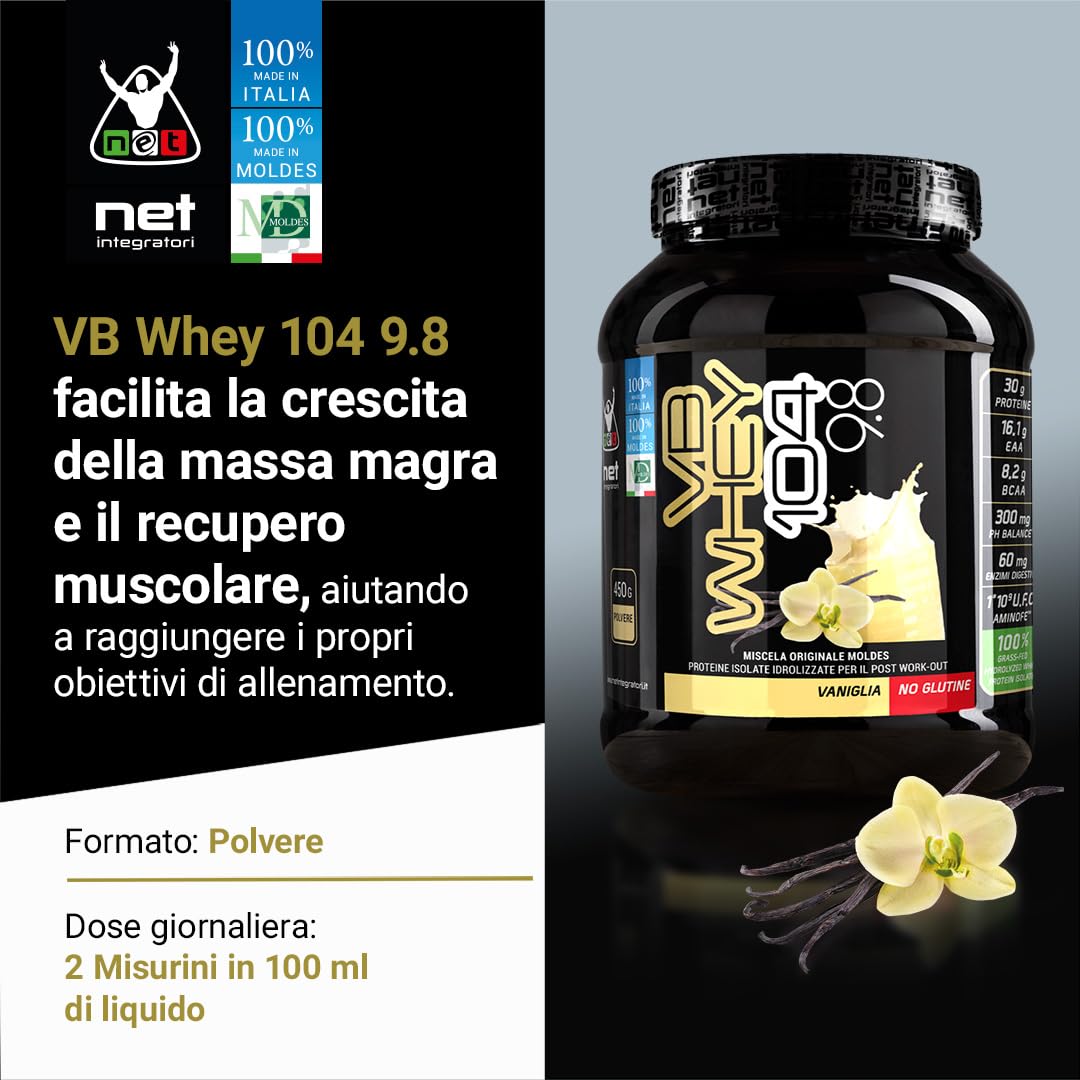 NET Integratori VB WHEY 104 9.8 Optipep - 450g Vaniglia - Proteine Isolate Idrolizzate per via Enzimatica Con EAA e BCAA - Massimizza Sintesi Proteica, Crescita e Mantenimento Muscolare