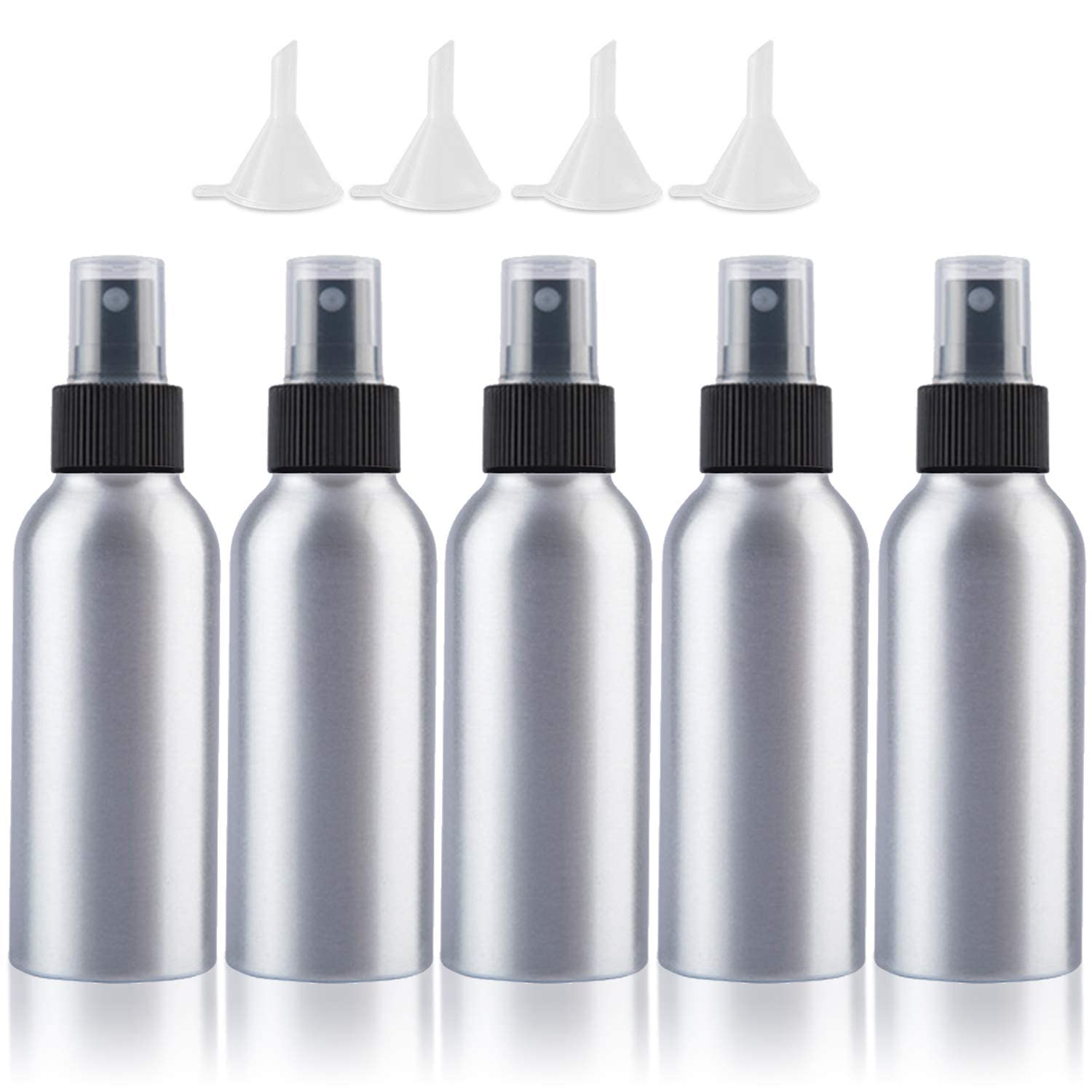 Empty Spray Bottles Travel Size 100ml/3.4oz 5 Pack Small Spray Bottle Aluminum Metal Fine Mist Refillable Atomizer Set with Lids for Liquids Skincare Cosmetic Perfume Storage, with 4pcs Small Funnels