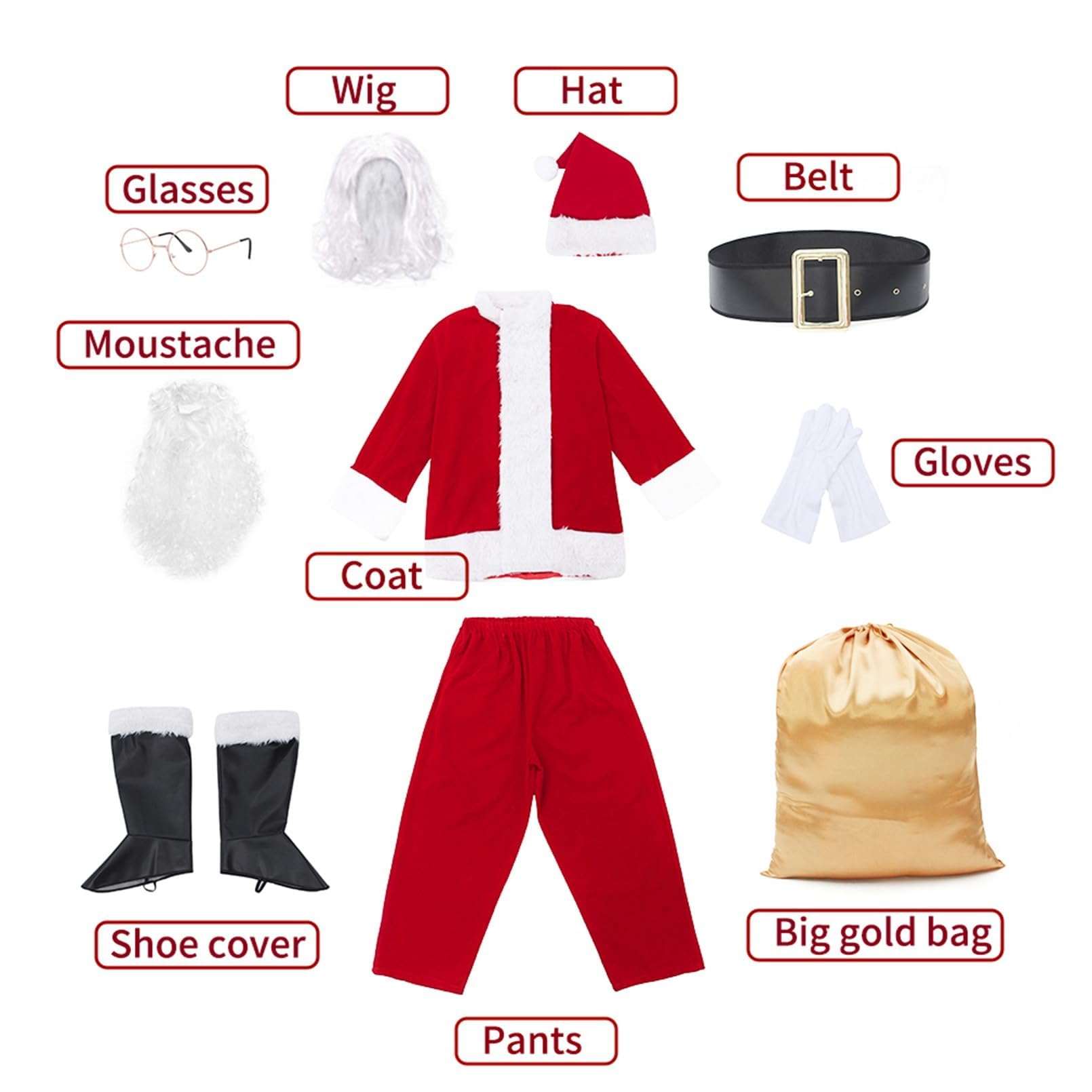 EOZY Disfraz de Papá Noel de lujo de 10 piezas, traje de Papá Noel de felpa roja vintage con bolsa de regalo