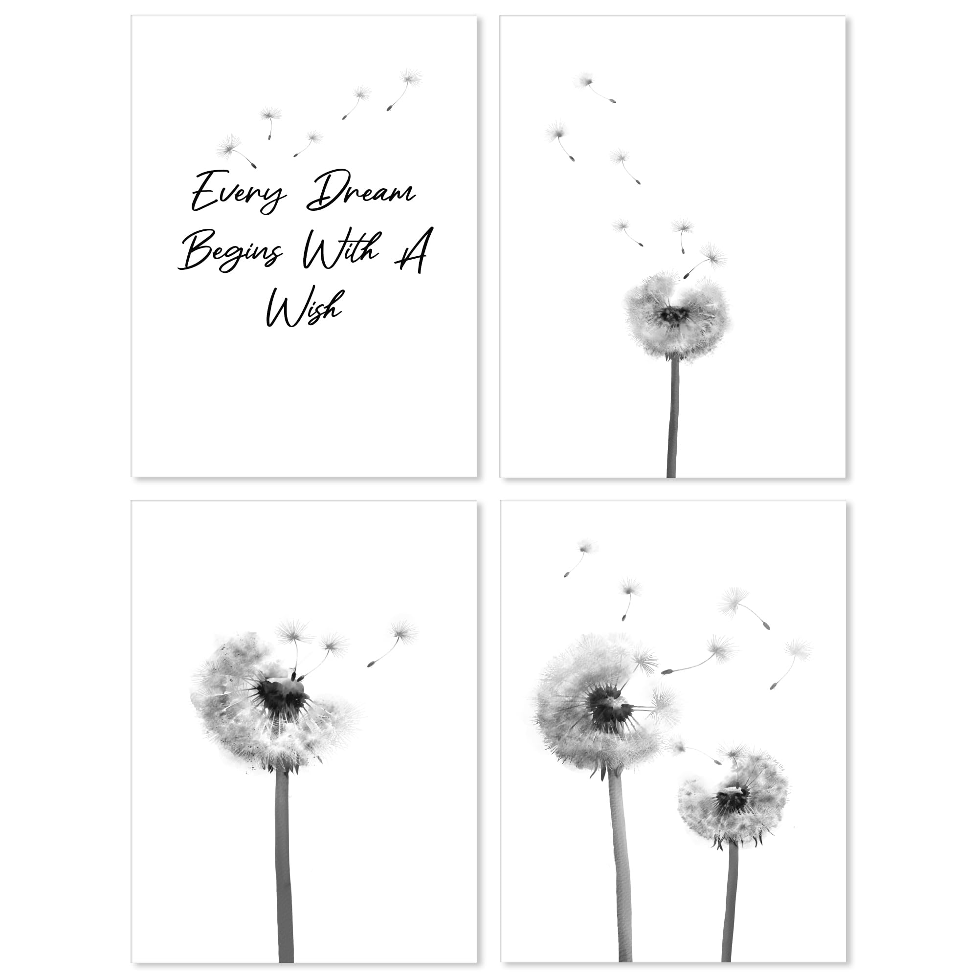 A&M Natural Living Dandelion Prints Quote Wall Art Set of 4 A4 210mm x 297mm Unframed Black & White Watercolour Flower Plant Posters for Living Room Bedroom Kitchen and Home Decor