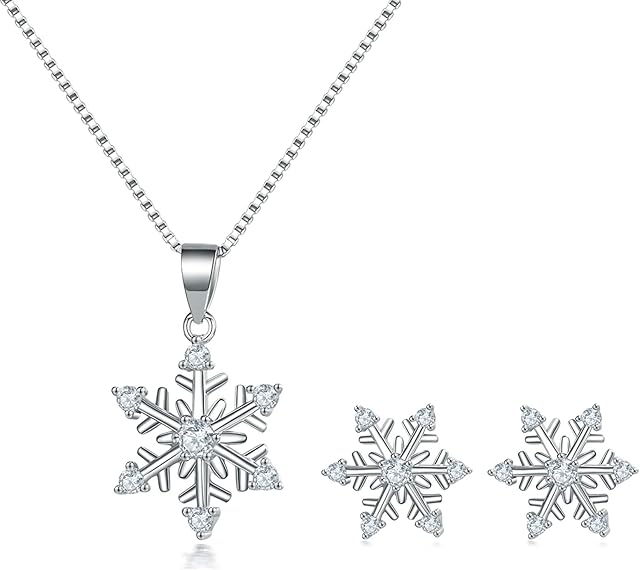 SAKUNALA Silver Christmas Jewellery Set for Women, 925 Sterling Silver Snowflake Jewellery Set, 10mm Silver Stud Earrings & Snowflake Necklace Set, Gift for Christmas for Mother Wife