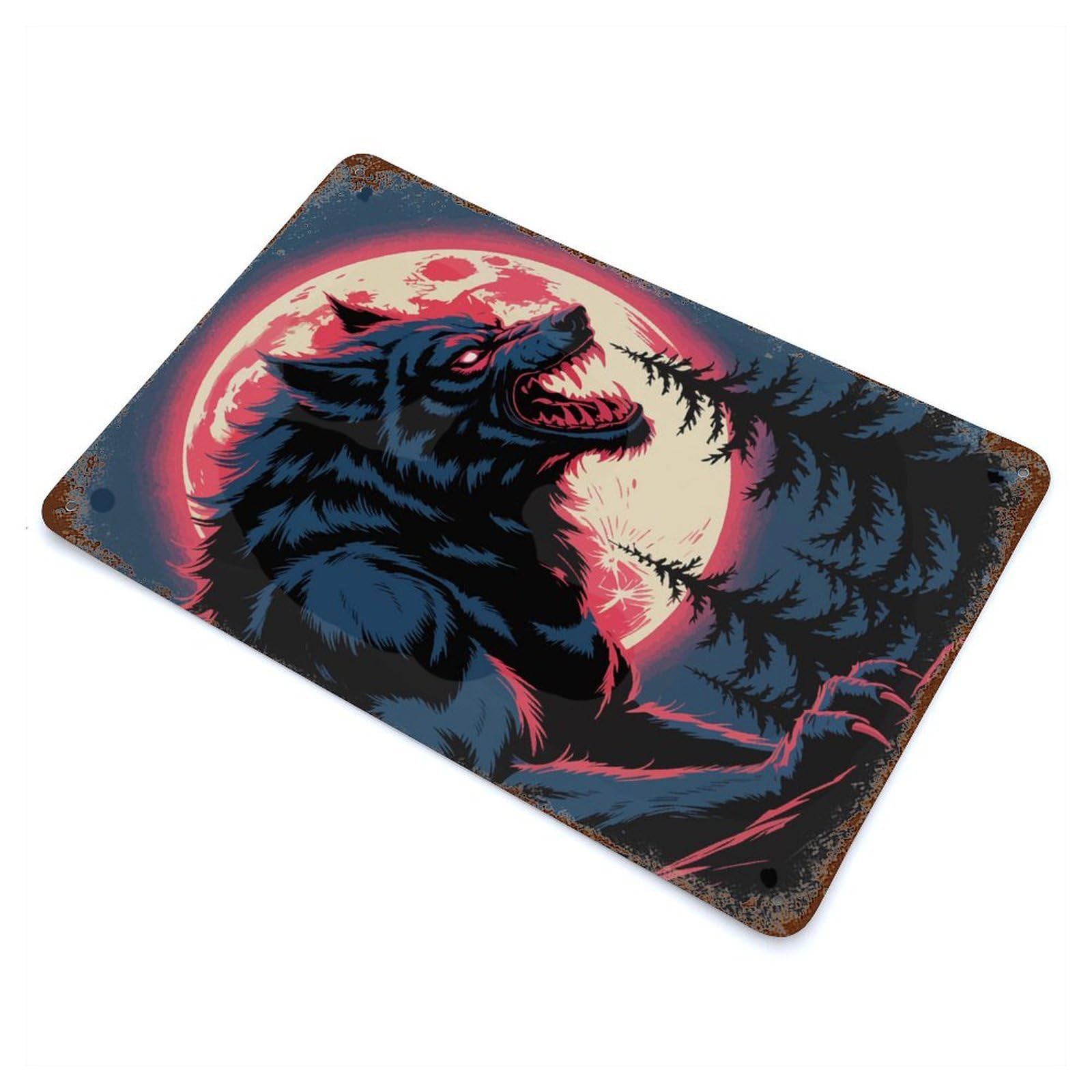 Vintage Metal Tin Sign with Werewolf Howling at The Moon Illustration Design 11.8"x7.9", for Living Room, Hallway And Home Decor, Retro Wall Decor